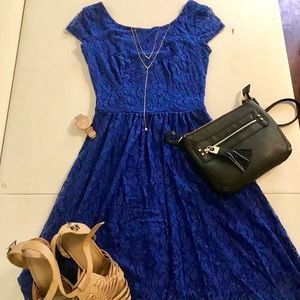 Navy blue lace scoop back dress